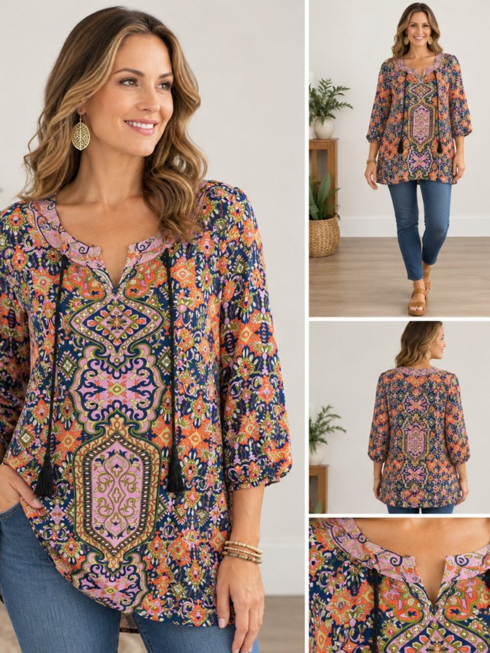 Tolani 100% Silk Boho Paisley Tunic Top Multicolor Size L